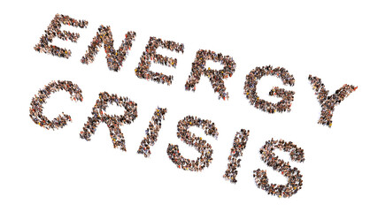 Concept or conceptual large community of people forming ENERGY CRISIS message. 3d illustration metaphor for energy shortages due to war, russian sanctions, coal dependency and  drought