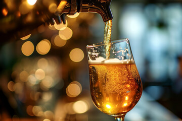 close-up of cold beer poured in a glass from beer tab in the background of modern pub. Drink concept of bar and pub.