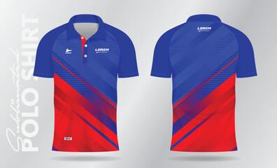 red and blue sublimation polo sport jersey mockup template design - obrazy, fototapety, plakaty