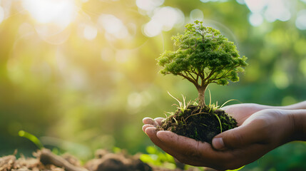 hand holdig big tree growing on green background with sunshine