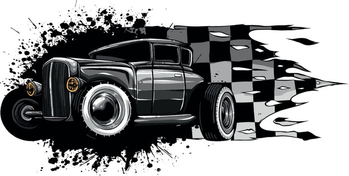 monochromatic illustration of hot rod car with race flag