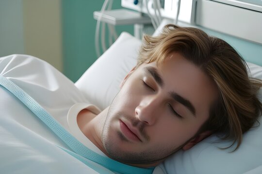 Portrait of a young white male sleeping sick in a hospital bed with a pained face, generative AI, background image