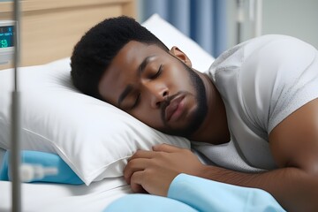 Portrait of a young black male sleeping sick in a hospital bed with a pained face, generative AI, background image - obrazy, fototapety, plakaty