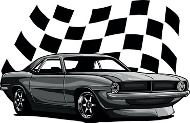 monochromatic illustration of muscle car with race flag - obrazy, fototapety, plakaty