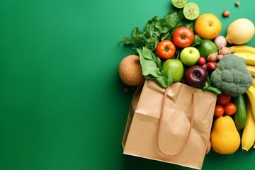 Shopping or delivery healthy food background. Healthy vegan vegetarian food in paper bag vegetables...