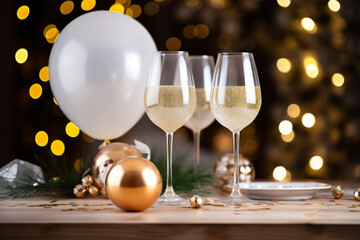 Three glasses of champagne on the wooden table with party ornament and balloons in white and gold...