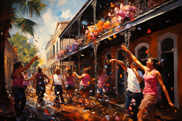 Streets Celebrating Festivities and the Brazilian Carnival full of Colors, Street Carnival Fiesta, Artistic Drawing of a Festival March in Full Swing, Bursting with Life, Joy, and a Spectrum of Colors - obrazy, fototapety, plakaty