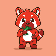 Fototapeta premium Cute Red Panda Eating Bamboo Vector Cartoon Illustration