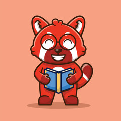 Cute Red Panda Reading A Book Vector Cartoon Illustration