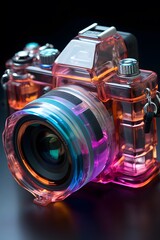 Fototapeta na wymiar 3d illustration of a digital camera with blue and pink light.