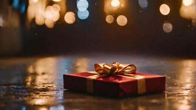 beautiful red gift box under golden lights explosion, rain-like effect