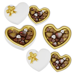 3D Rendering White Heart Shape Chocolate Box with chocolate collection Gold Glitter Ribbon on transparent Background.