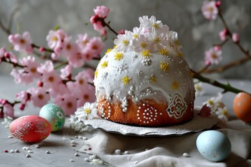 Fototapeta premium Traditional Easter cake kulich or sweet bread with brunch of flowering tree and colorful eggs