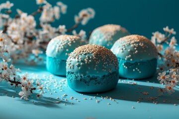 Obraz premium Traditional Easter cake kulich or sweet bread, Easter composition in turkuoise colors