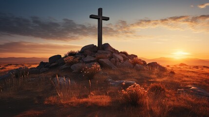 Holy christian religious cross at sunrise on top of hill crucifix - obrazy, fototapety, plakaty