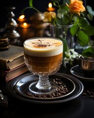 Coffee with foam in glass cup on bluured background . Breakfast, relax and drink