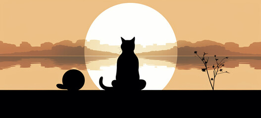 A calm and meditative cat silhouette with elements like a Zen garden or yoga pose, promoting tranquility and mindfulness