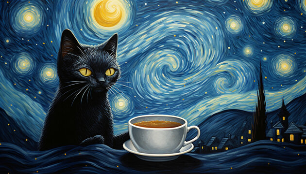 a black cat, glitter coffee and crescent moon in glowing starry night