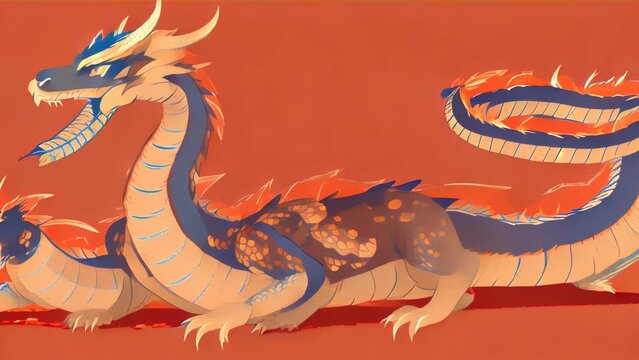 A traditional Asian dragon painted in black and gold against an orange background.
