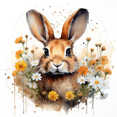 watercolor rabbit Flowers Clocky Circle clipart, Generative Ai