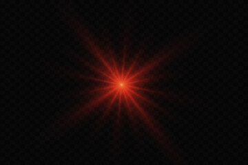 Explosion of red glowing flare on a transparent background. The effect of flashing rays and twinkling stars.