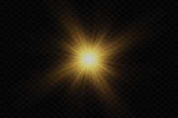 Glowing glare of a star on a transparent background. Flash of light with sun rays, flash flickering.