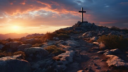 Naklejka premium Holy christian religious cross at sunrise on top of hill crucifix