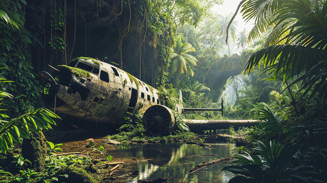 Wreck of crashed airplane in lush jungle, overgrown with vegetation.