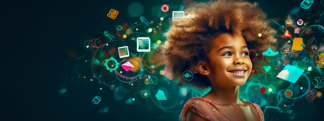 A child's imagination comes alive amidst a digital wonderland, banner with copy space