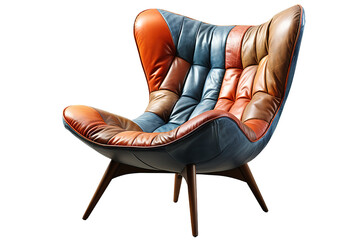 Mid-century red fabric wing chair and ottoman. Fabric upholstery armchair with metal legs and pillow isolated on a Transparent background. Generative AI - obrazy, fototapety, plakaty