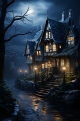 Fototapeta na wymiar Halloween scene with haunted house and moonlight. Halloween background.