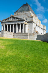 Fototapeta na wymiar The Shrine of Remembrance, a war memorial built in 1934 to honor all Australians who have served in any war, in classical style, based on the Tomb of Mausolus at Halicarnassus, Melbourne, Dec. 2019