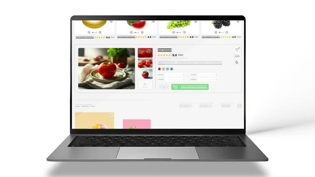 Fruits and vegetables website animation. E-commerce and shopping products. Laptop mockup