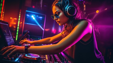 Obraz na płótnie Canvas young woman playing DJ at nightclub party