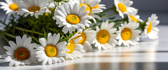 Close up of white flowers on the floor. beautiful bunch of daisies. Generative Ai