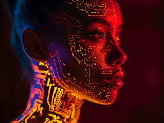 Futuristic cyborg portrait with neon circuitry patterns on skin, contemplative expression, dark studio background