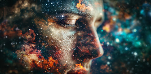 portrait with other half dissolving into a cosmic starfield, surreal space-themed abstraction