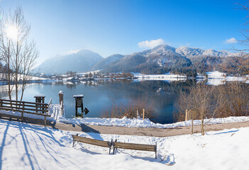 view from the roadside to lake Schliersee, winter landscape upper bavaria