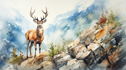 Watercolor image of a deer standing on a cliff. - obrazy, fototapety, plakaty