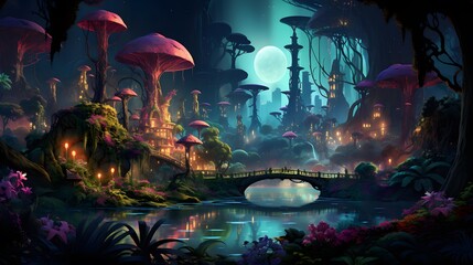 Fantasy Landscape with a pond and an island with mushrooms.