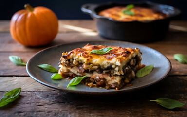 Capture the essence of Moussaka in a mouthwatering food photography shot - obrazy, fototapety, plakaty