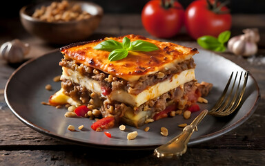 Capture the essence of Moussaka in a mouthwatering food photography shot - obrazy, fototapety, plakaty