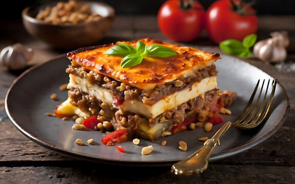 Capture the essence of Moussaka in a mouthwatering food photography shot