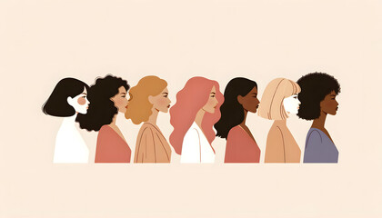 a lineup of seven diverse women in profile view, each with different skin colors and hairstyles that represent a spectrum of ethnicities, used to promote discussions or initiatives on diversity, women