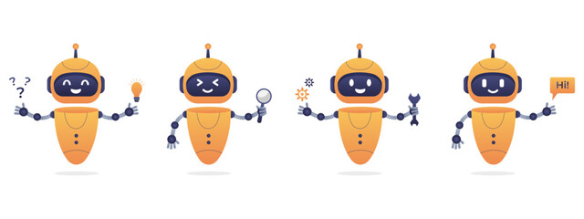 Chatbot neural network, AI servers and robots technology. Cute chatbot ai character. - obrazy, fototapety, plakaty