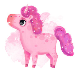 Cute watercolor pony unicorn flowers rose hand drawn cartoon magic character childish nursery illustration animal.