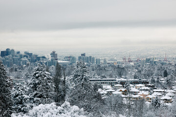 Cityscape covered in snow, Vancouver, British Columbia.