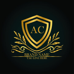 AC luxury letter logo template in gold color. Elegant gold shield icon. Modern vector Royal premium logo template vector