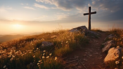 Holy christian religious cross at sunrise on top of hill crucifix