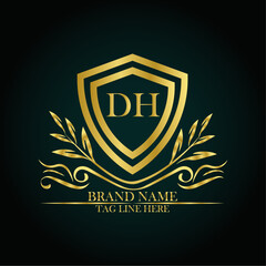 DH luxury letter logo template in gold color. Elegant gold shield icon. Modern vector Royal premium logo template vector